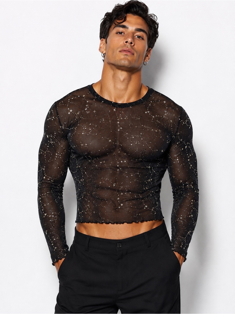 Shein Mens Top Shirt Mesh Sheer Medium NWT Black Stars Constellation Cropped NWT